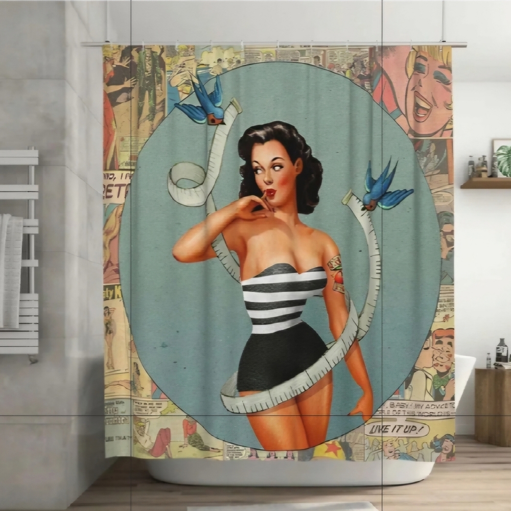 Blue and Black Shower Curtain with Vintage Design